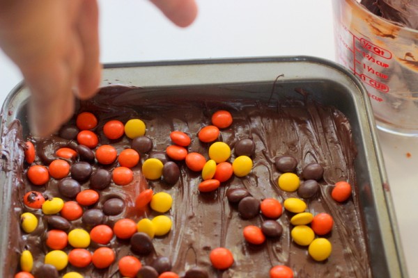 Chocolate Peanut Butter Candy Corn Crispy Bars 