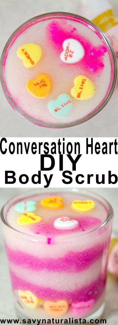 Made with real candy make this easy all-natural conversation hearts body Scrub DIY! Just in time for valentine's day!