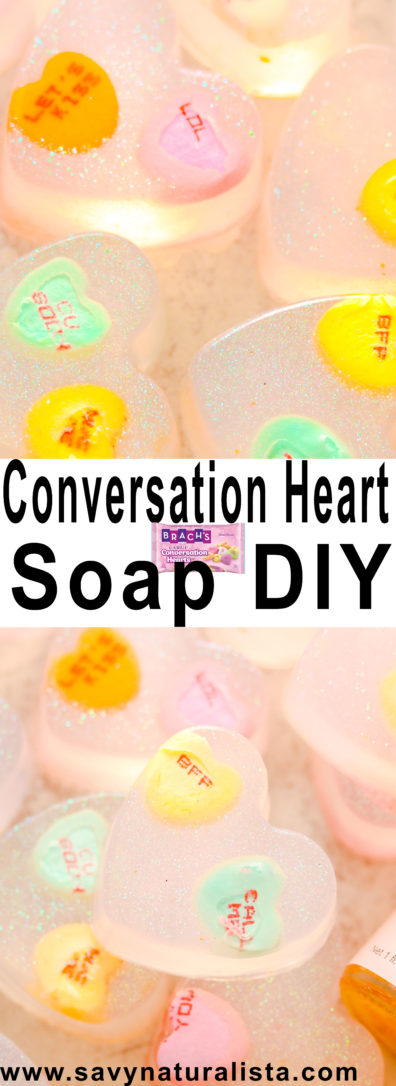 Make this easy valentines day conversation hearts soap DIY made with real candy! It makes the perfect gift! 