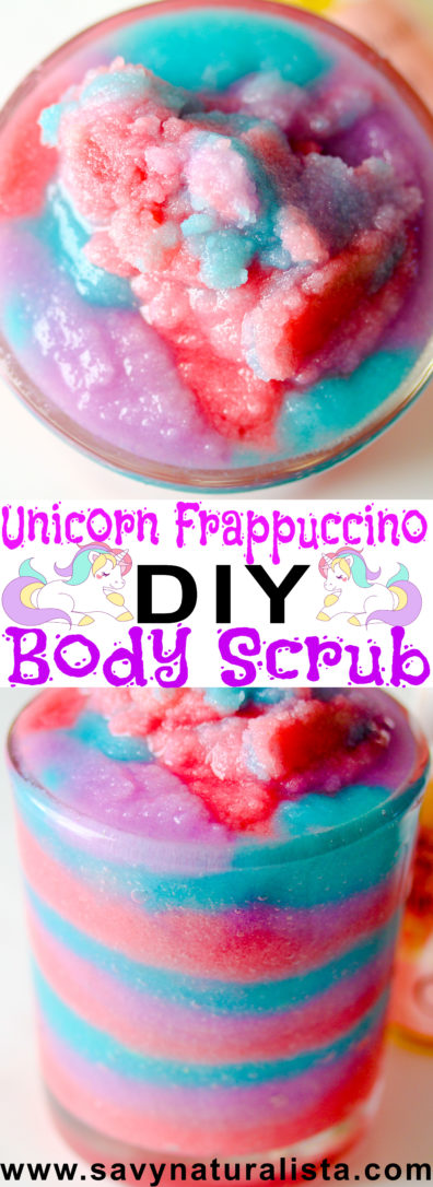 Make this easy Unicorn Frappuccino Body Scrub DIY! This festive sugar scrub not broke the internet because of its sweet notes, but it only requires a few simple ingredients that will make the perfect gift and shimmer the skin! 