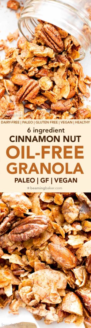 Oil-Free Paleo Cinnamon Nut Granola (V, GF): an easy recipe for crispy, crunchy homemade paleo granola perfectly spiced with warm, cozy cinnamon