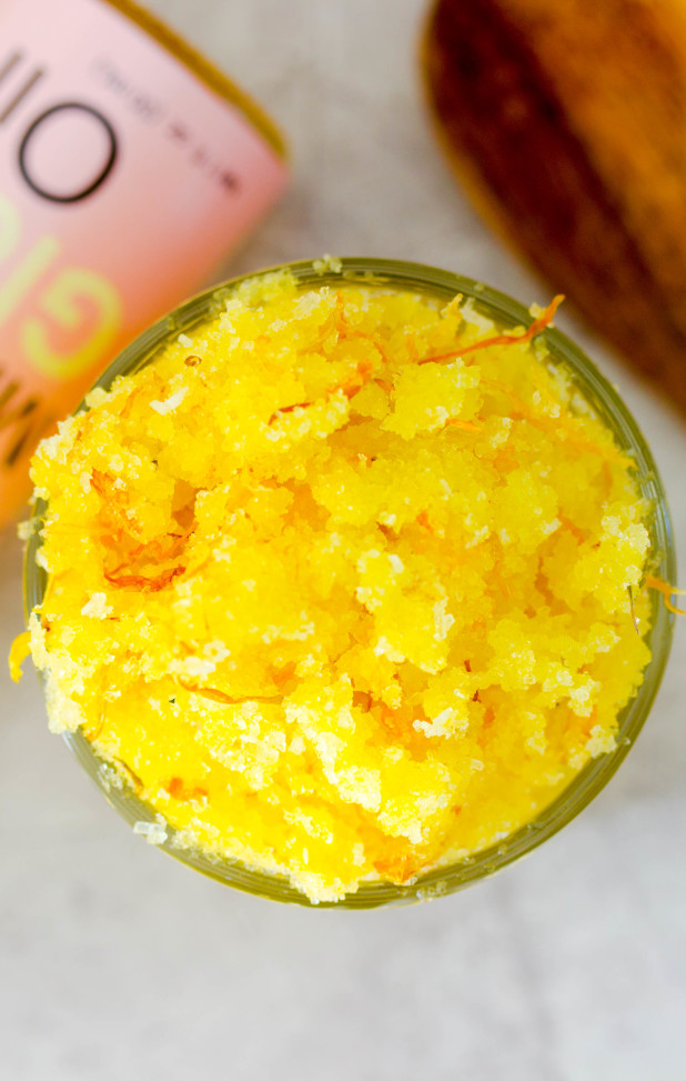 Made with pure salt crystals and all natural calendula petals! Make this easy Sweet orange salt scrub with 6 easy ingredients that are all natural.