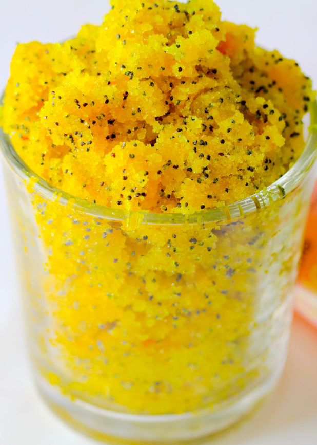 This Orange Poppy Seed body scrub uses all-natural sugar crystals and poppy seeds to remove all those dead skin cells the sugar won't remove and is perfect for those with oily skin.  