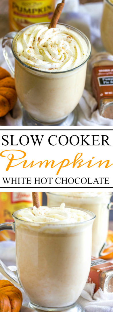 Slow Cooker Pumpkin White Hot Chocolate is a delicious, creamy and amazing drink that is perfect to warm up to on those chilly Fall nights!