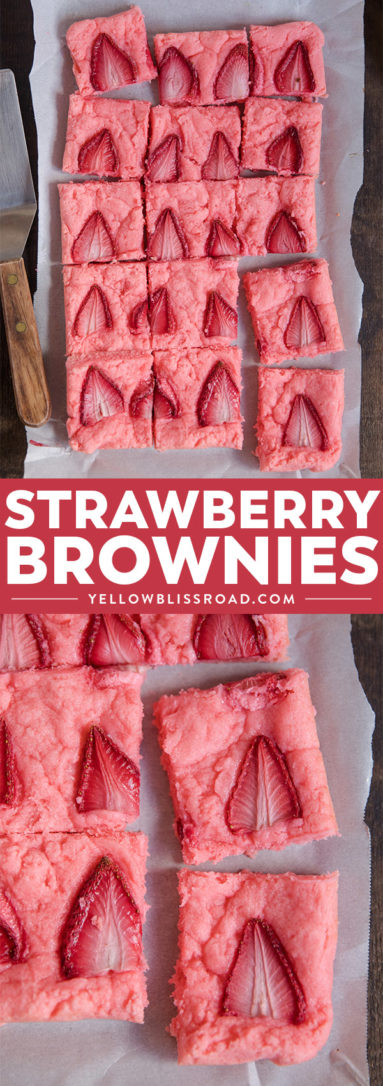 Strawberry Brownies are a super simple springtime dessert that comes together easily with just a few pantry ingredients and some fresh strawberries.