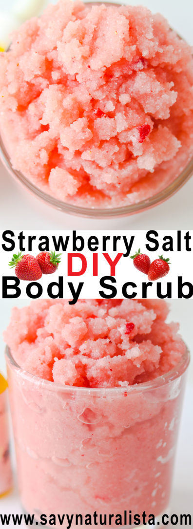 This homemade salt scrub is made with sunflower seed oil, strawberry oil, and dried strawberries that will make your skin feel soft and nourished!