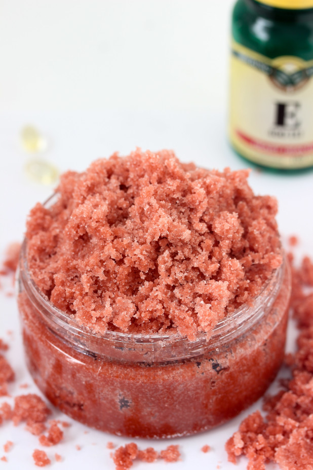 Natural Vitamin E infused body scrub to keep your skin glowing and looking young! 