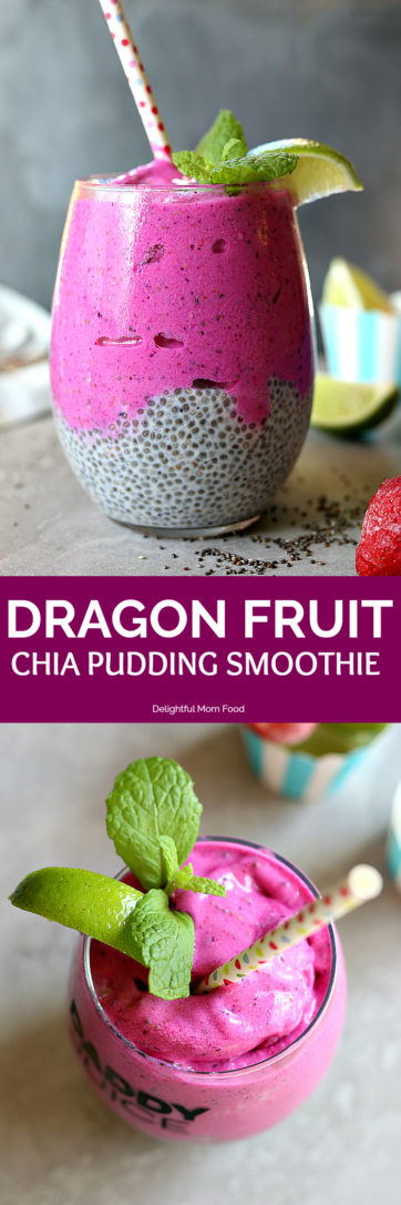 Vibrant pink dragon fruit smoothie topped on creamy chia pudding! It is a high fiber energizing superfood and the perfect way to start your day, enjoy as a snack or eat after a workout to refuel your body!