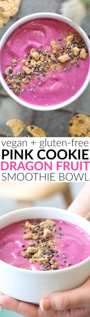 This beautifully thick and creamy Pink Cookie Dragon Fruit Smoothie Bowl topped with wholesome crumbled cookies is the breakfast of dreams!