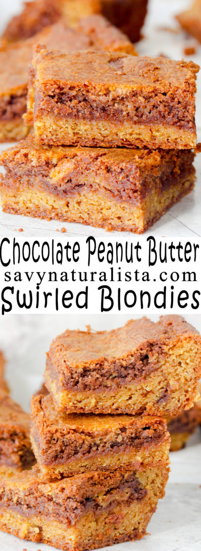 Dark Chocolate Swirled Blondies made with chocolate peanut butter