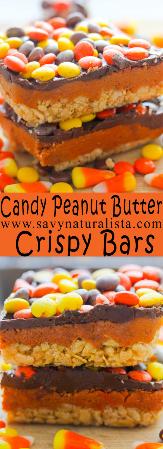 Three layer decadent, thick, crispy and chewy Chocolate Peanut Butter Candy Corn Crispy Bars, great way to use that candy corn! #candycorn #crispytreats #chocolatebars