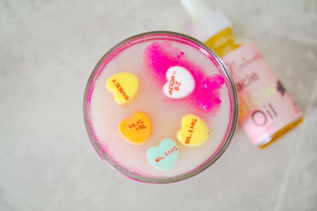 Made with real candy make this easy all-natural conversation hearts body Scrub DIY! Just in time for valentine's day!