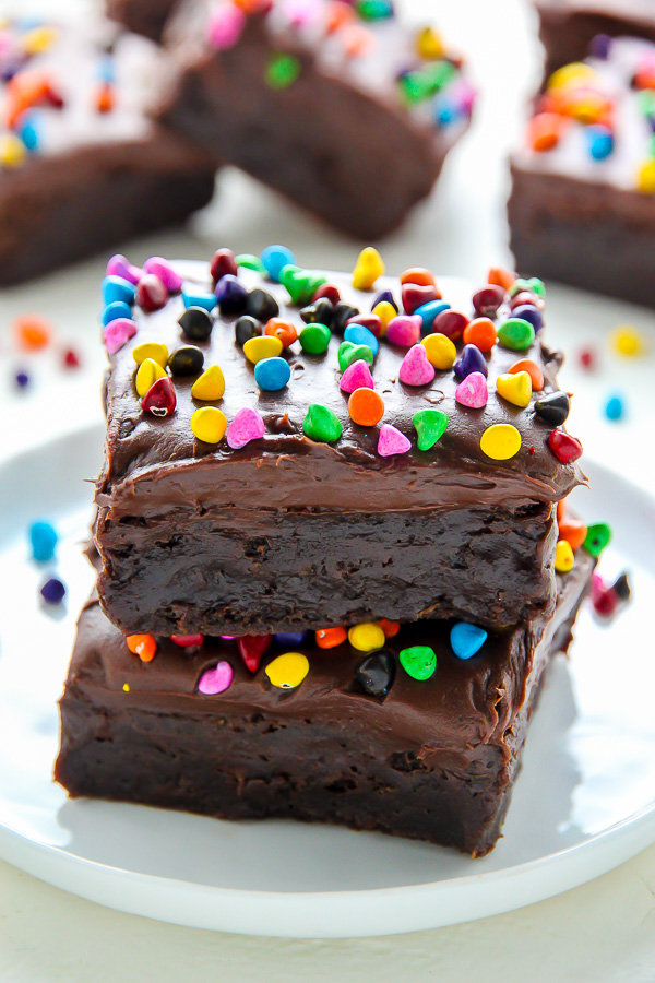 Fudgy homemade brownies topped with decadent chocolate frosting!